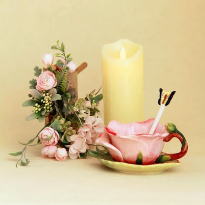 Ceramic Tea Cup and Saucer Set ，6OZ 3D Hand-Painted Flower and Lotus Leaf Coffee Mug，Gift for Women- Pink Rose - color: Pink Rose