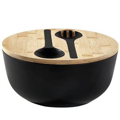 ECOWAY Bamboo Fiber Salad Bowl with Lid & Servers, 4Qt, Melamine Salad Serving Bowls Set with Bamboo Lid, Salad Mixing Bowl with Spoon Fork for Fruits Vegetables and Pasta (Black, 9.8inch) - color: Black with lid