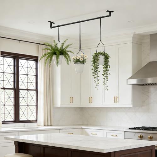 1 Adjustable-Width Hanging Plant Hanger Set Window Sill Hook-Mounted Plant Display Rack Set Indoor Herb Garden Plant Rack Includes 3 White Plant Pots Suitable for Windowsills, Ceilings, and Balconies
