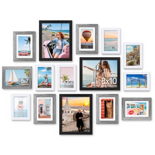 decorUhome 15 Pack Assorted Picture Frame Set for Wall & Tabletop, PF15MTE | Black / Grey / White, Includes Three 8x10 / Six 5x7 / Six 4x6 Multi Size, MDF Frame with Plexiglass Cover - color: Black & Grey & White