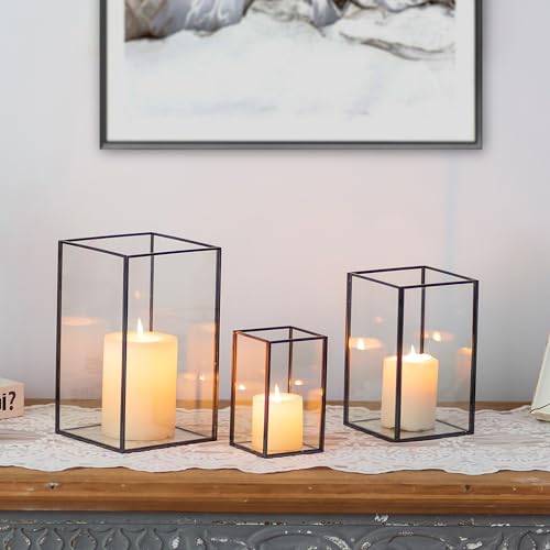 Glasseam Black Glass Candle Holder, 3Pcs Square Hurricane Lanterns Decor | Fit Pillar Candles, Flower, Bouquet, succulents, Modern Large Table Centerpiece Wedding Christmas Decorative - color: Black, size: Style 2