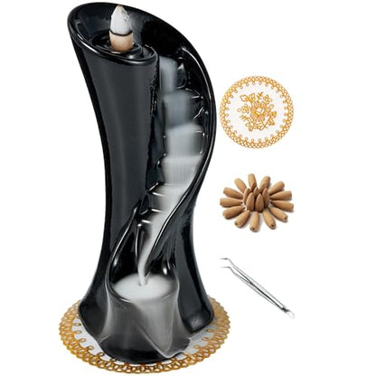 Unique Cloud Stairs Ceramic Waterfall Incense Holder, Paired with a Pack of Backflow Incense Cones. (Black) - color: Black