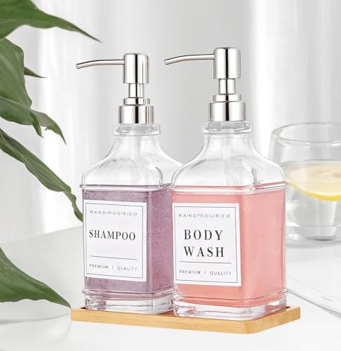 Dish and Hand Soap Dispenser,Set of 2 * 16.9oz | Glass Soap Dispenser with Silver Pump,Tray,Funnel,500ML Countertop Soap and Lotion Dispenser for Kitchen, Bathroom Set - color: Ks-5070-28y-2s