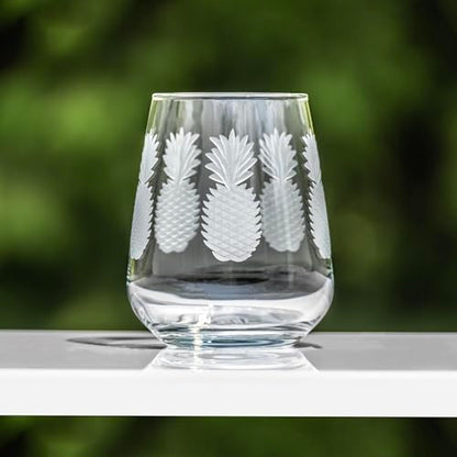 Rolf Glass Fresh Pineapple Stemless Wine Glass | 15.75oz Stemless Tumblers | Lead-Free and Diamond-Wheel Engraved | Tropical Coastal Etched Glassware with Pineapple Design | Set of 4 - color: Stemless, size: Set of 4