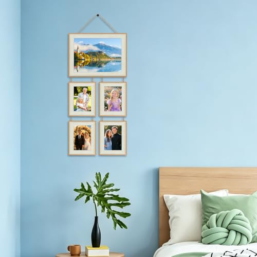 8.5x10 & 4x6 Picture Frame Hanging Wall Collage Picture Frame Set, Holds 1 Large 8.5x10 and 4 Small 4x6 Photos, 5 Openings Wall Picture Frame for Home Deor - color: Yellow and White