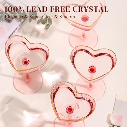 Pink Coupe Glasses Set of 4, Heart-Shaped Martini Glasses with Golden Rim, Fancy Manhattan, Cosmopolitan, Sidecar Cocktail Glassware for Christmas, Wedding, Birthdays - 8oz - size: 4 Count(Pack of 1)