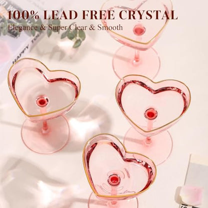 Pink Coupe Glasses Set of 4, Heart-Shaped Martini Glasses with Golden Rim, Fancy Manhattan, Cosmopolitan, Sidecar Cocktail Glassware for Christmas, Wedding, Birthdays - 8oz - size: 4 Count(Pack of 1)