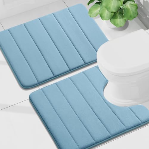 Buganda Memory Foam U-Shaped Toilet Rug Bath Mat Sets 2 Piece, 24x16+24x20 | Blue, Bathroom Mat and Contoured Toilet Rug, Machine Wash Dry, Soft Absorbent Bath Rug for Bathroom, Shower and Tub - color: Blue, size: 24" X 16"+24" X 20"