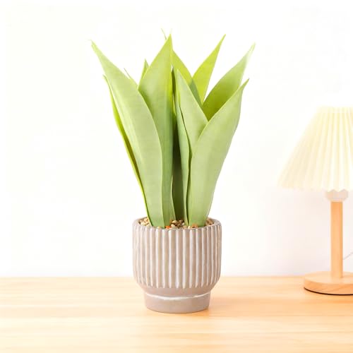 Artificial Realistic Snake Plant 16" in Concrete-Colored Pot | Fake Snake Plants Sansevieria Greenery Faux Snake Plant for Home Office Living Room Housewarming Gifts Indoor Decor - color: Lightgreen