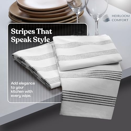 Black Stripe Kitchen Towels (12 Pack), 100% Cotton, Multi Pin Striped Towel Set, Super Absorbent & Durable Dishcloths, Quick Dry Fabric for Drying Dishes, Everyday Kitchen Cleaning - color: Black, style: 12 Pack