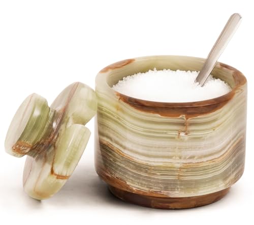 Marble Salt Cellar with Lid & Spoon 3" Green Onyx Seasoning Container, Spice Holder, and Salt Bowl for Countertop, Perfect for Kitchen Storage, Sugar Jar, and Gift for Her - color: Green onyx