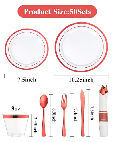 350 Piece Red Plastic Dinnerware Set for 50 Guests | Disposable Dinnerware Includes: 50 Dinner Plates, 50 Dessert Plates, 50 Pre Rolled Napkins with Silverware, 50 Cups - color: White Red, style: 350 Piece (50 guests)