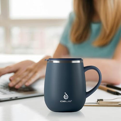Ideus 16 oz Insulated Coffee Mug with Handle and Lid, Double Wall Stainless Steel Vacuum Thermal Coffee Mug, Travel Coffee Cup Thermal Cup for Home and Office (Navy Blue 2.0, FUJI DAWN) - color: Navy Blue 2.0