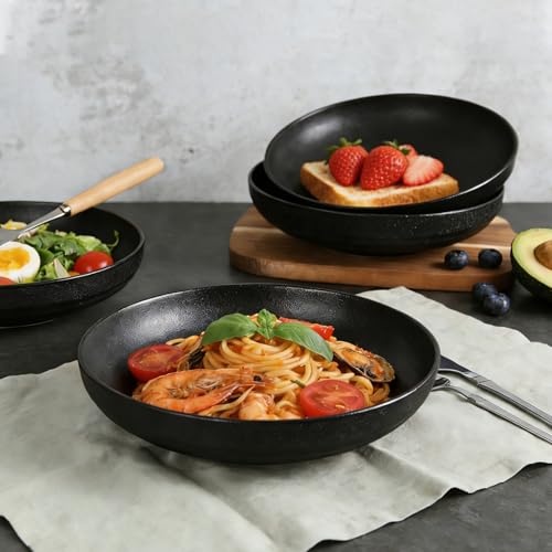 HAPPY KIT Stoneware 9'' Pasta Bowls 42oz Set of 4, Matte Black - color: MatteBlack