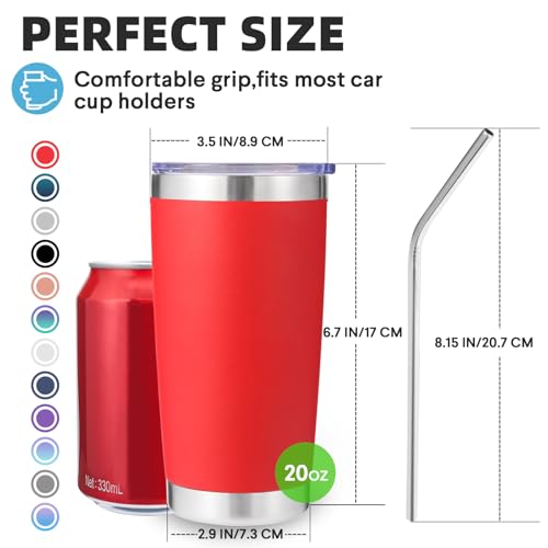 Volhoply 20oz Stainless Steel Tumbler with Lid and Straw Bulk 4 Pack,Double Wall Insulated Travel Iced Coffee Mug Fits Cup Holder,Powder Coated Cups for Hot/Cold Drinks,Gifts for Women（Red,4 Set） - color: Red