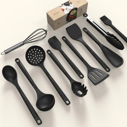 Silicone Cooking Utensils Set - 600°F Heat Resistant, Nonstick Kitchen Utensil Set with Spatulas, Spoons, Whisk, Tongs, BPA Free, Dishwasher Safe, Black - color: Black