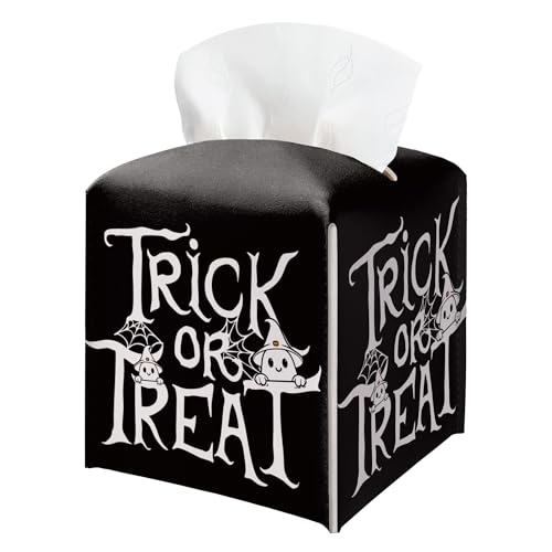 Halloween Trick Or Treat Tissue Box Holder, Black Leather Tissue Box Cover Square, Facial Paper Organizer Dispenser Toilet Paper Holder for Bathroom Kitchen Office Home Decor-A08 - color: Black01