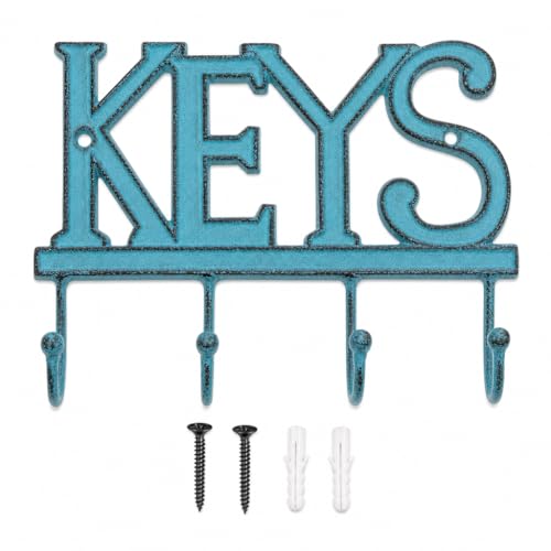 Comfify Rustic Blue Cast Iron Key Holder for Wall – Keys Sign with 4 Hooks | Rustic blue antique finish; mounting hardware included; entryway, hallway or door; 6"H x 8"L; holds 8 keychains - color: Rustic Blue
