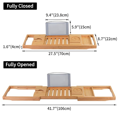 Utoplike Bamboo Bathtub Caddy Tray for Tub, Adjustable Bath Table | Bathroom Organizer with Book Tablet, Wine Glass Cup, Towel Holder - color: Natural