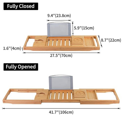 Utoplike Bamboo Bathtub Caddy Tray for Tub, Adjustable Bath Table | Bathroom Organizer with Book Tablet, Wine Glass Cup, Towel Holder - color: Natural