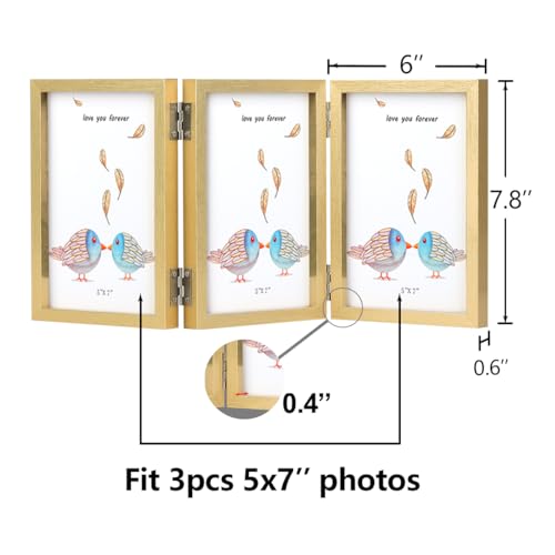 WUTL 3 Picture Frame Triple Collage 5x7 Frames with Real Glass Golden | Trifold Photo Frame, Hinged Foldable, Crystal Clear Real Glass - color: Gold, size: 5x7