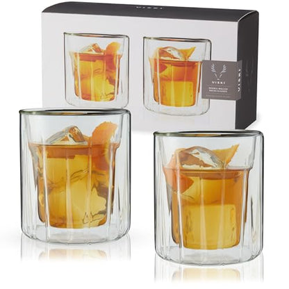 Viski Double Walled Rocks Glasses - Insulated Whiskey Tumblers with Cut Crystal Design - Dishwasher Safe 10.5oz Set of 2 - style: Double Walled Rocks