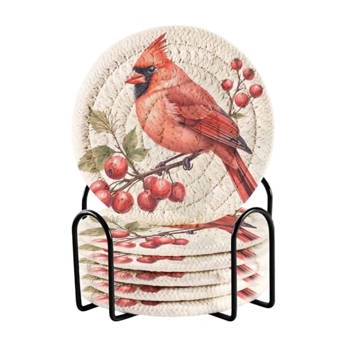 Caikeny 6 Pcs Drink Coasters with Metal Holder Bird Xmas Absorbent Coasters Christmas Decorative Woven Coaster Set for Coffee Table - color: Multi 10k1.26