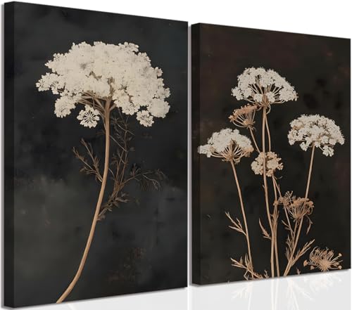 Moody Botanical Wall Art Set of 2 Framed Vintage Queen Anne’s Lace Canvas Prints Picture, Large Rustic Neutral Floral Farmhouse Wall Decor for Living Room Bedroom 16x24 Inch - color: Melancholy Flower canvas, size: 24L"x16W"