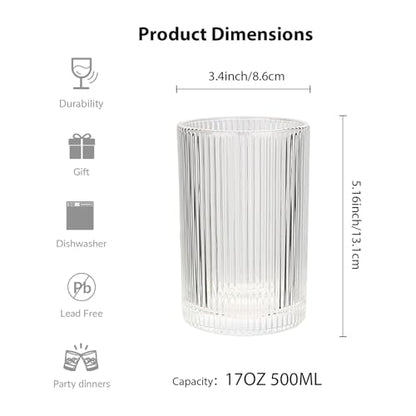 Set of 6 Large capacity Ribbed Glassware, 17oz Vintage Clear Glass Tumbler, Origami Style, Fluted Design, Ideal for Water, Iced Coffee, Mixed Drinkware, Tea, Latte, Housewarming Gift