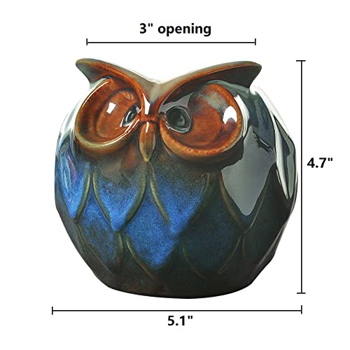GeLive Blue Owl Ceramic Succulent Planter with Drainage Hole Animal Plant Pot Tabletop Decoration Vase Window Box Indoor Outdoor Decor (Blue) - size: 5.1" Blue