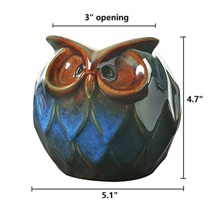 GeLive Blue Owl Ceramic Succulent Planter with Drainage Hole Animal Plant Pot Tabletop Decoration Vase Window Box Indoor Outdoor Decor (Blue) - size: 5.1" Blue