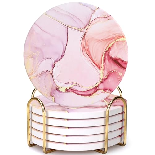 6 Pcs Pink Marble Abstract Ceramic Coasters with Holder Best Round Drink Absorbent Coaster for Desk, Lounge, Coffee Table, Wine, Beverage, Bar Coasters Set - color: Pink