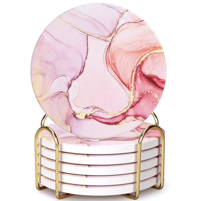 6 Pcs Pink Marble Abstract Ceramic Coasters with Holder Best Round Drink Absorbent Coaster for Desk, Lounge, Coffee Table, Wine, Beverage, Bar Coasters Set - color: Pink