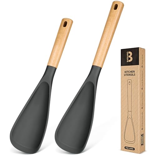 Multifunction Spoon for Nonstick Cookwares, Great for Cooking and Serving, Sturdy BPA-Free Matte Silicone, Wood Handle Spoonula for Mixing, Scoop, and Scrape, Grey(2 pack,11.4" & 13.4") - color: Gray
