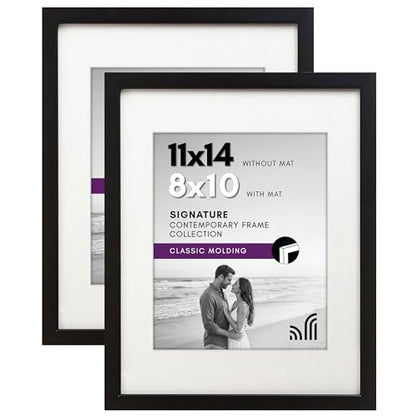 Americanflat 11x14 Picture Frame with Shatter-Resistant Glass - Set of 2 - Use as 8x10 Frame with Mat or Display 11x14 Photo Without Mat - Signature Collection - Picture Frames for Wall - Black | Engineered Wood construction, Shatter-resistant glass, hang