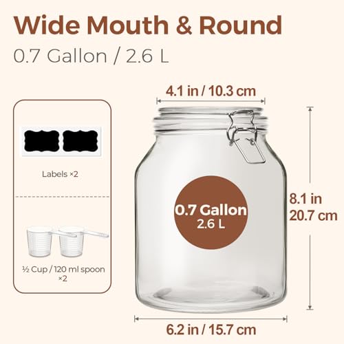 ComSaf Glass Pantry Jars with Airtight Lids 0.7 Gallon 2 Pack Wide Mouth | Flour sugar rice, Sourdough pickling, Pantry organization, Scoop included, Baking supplies, Bulk food storage, Large capacity - size: 88oz*2