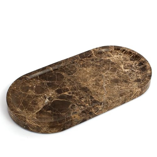 Genuine Real Natural Marble Tray for Bathroom, Luxury Dark Brown Stone Vanity Tray, Decorative Oval Trays for Countertop Storage, Vanity, Dresser, Kitchen, Home Decor, 11.8" x 6", Brown - color: Dark Brown