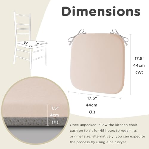 AddGrace Memory Foam Chair Cushions for Dining Chairs Set of 4 Light Pink | 17.5"x17.5"x1.5", with Ties and Non Slip Bottom, Washable Cover, Soft and Skin-friendly Fabric, for Kitchen Dining Room - color: Light Pink