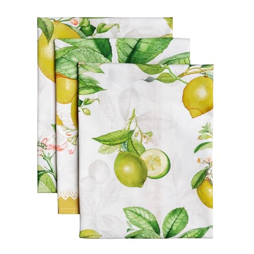 Maison d' Hermine Kitchen Towels Set of 3 Reusable 100% Cotton 27.50" x 20" | Cloth Tea Dish Towels Absorbent with Hanging Loop for Kitchen Dining Party Wedding Hotel Home Spring Summer - Limoncello - color: 003 - Limoncello