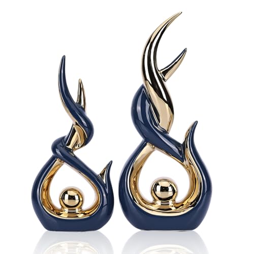 Blue and Gold Ceramic Abstract Sculpture Set of 2 Modern Medieval Style Sculpture Ideal for living room decor Serves as tabletop ornament for coffee tables, TV stands, mantelpieces, and entryways. - color: Blg