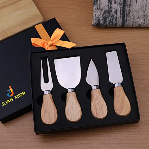 Exquisite 4-Piece Cheese Knives Set, Complete Stainless Steel Cheese Knife Collection (Gift-Ready) - style: Oak Wood