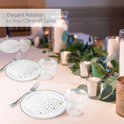 Silver Dessert Plates Set, 100 Plates, Cups, Forks and Napkins, 7.5 Inch | Sturdy plastic, cake service, appetizer tables, salad course, weddings, birthdays, easy cleanup - color: Silver, style: Plates,Forks,Napkins and Cups