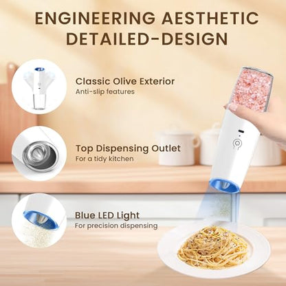 Rechargeable Gravity Salt Pepper Grinder Set, 2 Pack(Black&White) | Gravity Automatic Grinder With LED Light & Adjustable Roughness, Rechargeable Seasoning Tool For Kitchen Use - color: Rechargeable/Set/Black+White