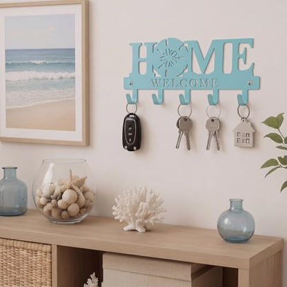 Beach Key Holder Wall Mount Turquoise Blue Sand Dollar Metal Welcome Home Key Hook with 5 Hooks Coastal Blue Hanger Coat Rack Nautical Wall Decor for Entryway Bathroom Living Room 9.8 Inch - style: Starfish Beach