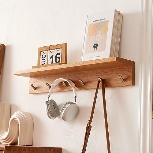 Oak Wood Coat Rack Wall Mount With Shelf 27.5 Inch Long, Entryway Floating Shelf With 6 Hooks for Bathroom, Hallway, Living Room - size: 27.5 Inch