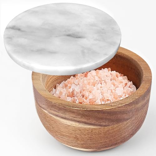 jalz jalz Acacia Wood Salt Cellar with white Marble Lid, 10oz Pinch Pot & Spoon - color: White Cover Natural Base