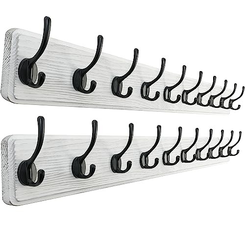 SKOLOO Rustic Wall Mounted Coat Rack, Case of 2, Pine Solid Wood Coat Hook Hanger - 10 Hooks for Hanging Clothes Robes Towels Coats - color: White Plate & Black Hook, size: 2 Item-10 Hooks