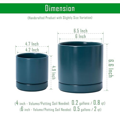 D'vine Dev 4.7 Inch & 6.5 Inch Ceramic Planter Pots for Plants with Drainage Hole and Saucer, Small Plant Pots Set, Teal, 94-G-S-9 - color: Teal, size: Small