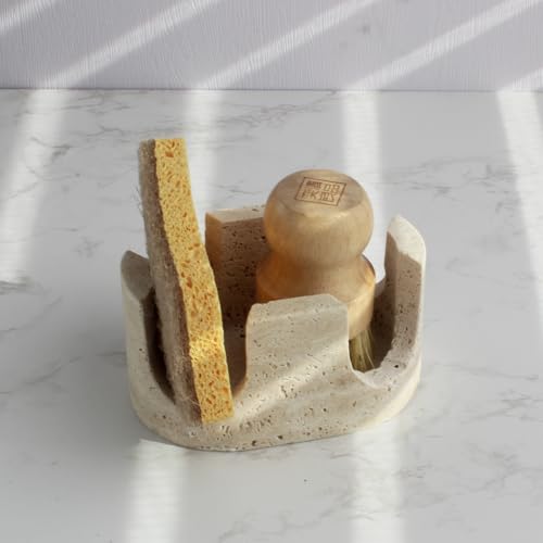 Natural Travertine Marble 2-Slot Sponge Holder for Kitchen Counter, 2-in-1 Stone Drying Rack, Sponge Caddy for Sink Organizer - Beige Travertine - color: Beige Travertine