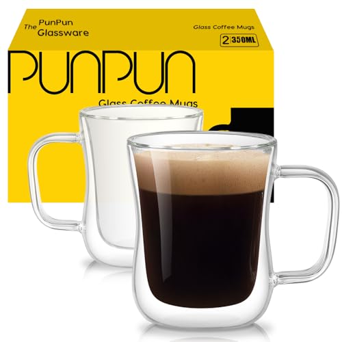 PunPun Coffee 12oz.350ml Glass Mugs Espresso Cups Coffee Glass Cups Champagne Glass Clear Drinking Cups, Tea Cups Wine Glass, Microwave Safe Borosilicate Glass Cup (12 OZ./Set of 2) - color: 350ml / set of 2